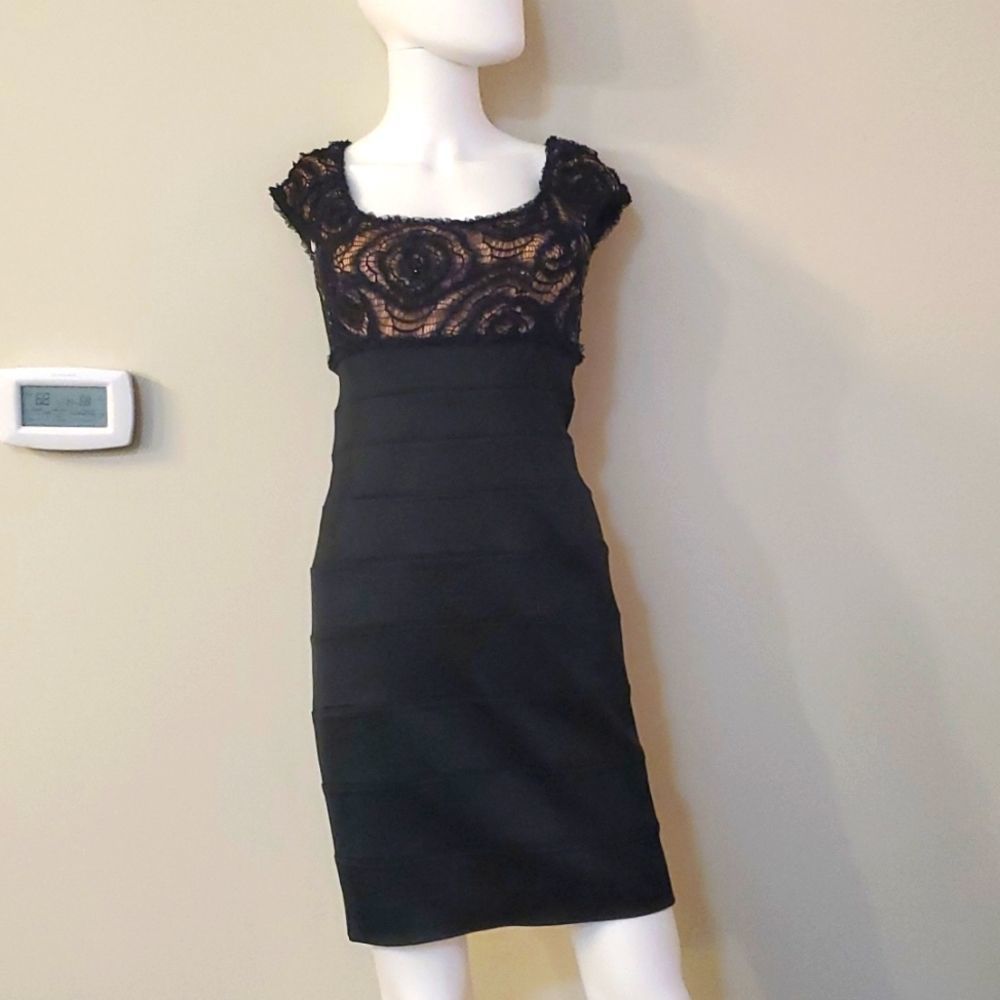 Takashi Shoji gorgeous black cocktail dress, 6P, sequins and lace